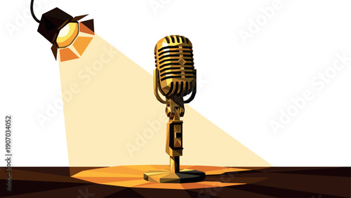 Vintage microphone under spotlight in geometric art style