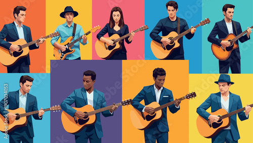 Stylish guitarists in bold pop art style with vibrant backgrounds