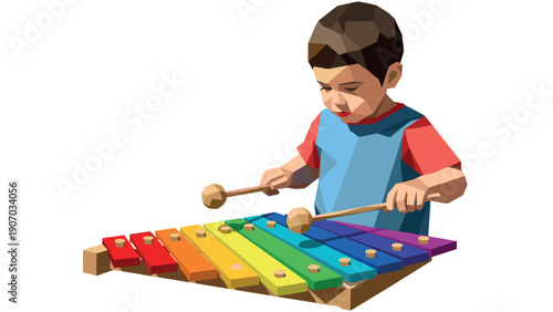 Low poly child playing colorful xylophone with wooden mallets