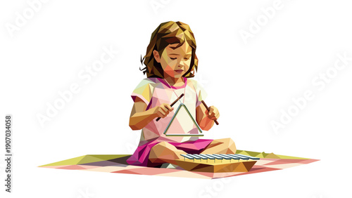Geometric kid playing musical instruments on picnic blanket