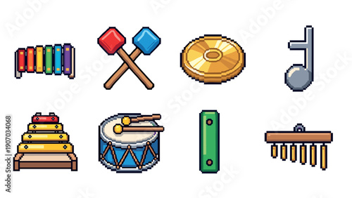 Pixel art musical instruments set: vibrant percussion icons on white