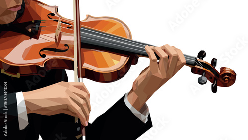 Low poly style violinist playing violin in tuxedo with bow on white background