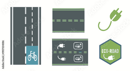 Sustainable Transportation Icons: EV Charging, Eco-Road Concept, and Bicycle Lane Infrastructure Graphic Elements