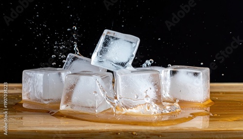 Close up of clear ice cubes splashing water on a wooden surface.