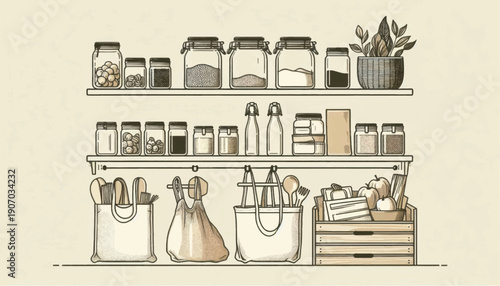 Handbags and Kitchen Utensils on Shelves.