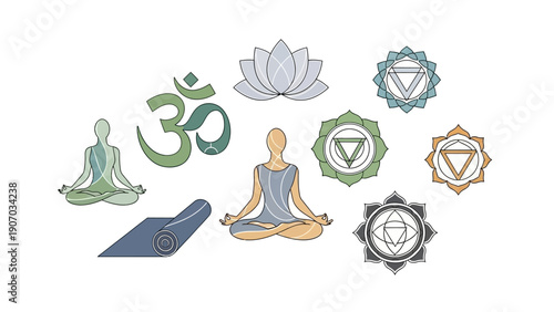 Seven Chakras Symbols with Om and Yoga.