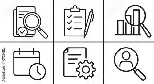 Review, assessment, and audit icon set showing evaluation, checklist, analysis, inspection, and report symbols