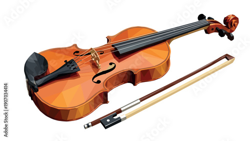 Low poly violin with bow on white background