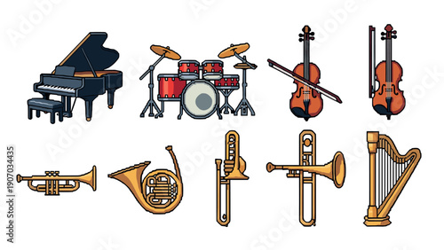 Pixel art musical instruments collection: piano, drums, violin, horns, harp