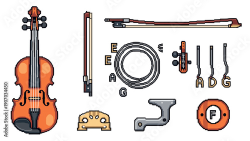 Pixel art violin tutorial: exploded view with bow, strings, and components