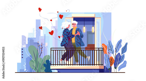 Senior couple dancing romance active aging city balcony hearts urban plants modern flat design