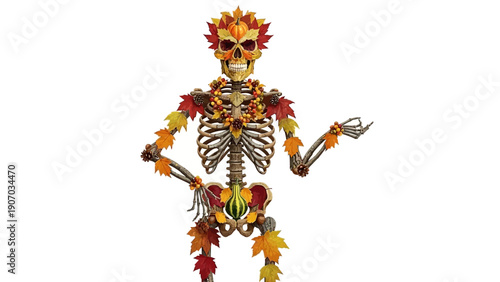 Skeleton Decorated with Autumn Leaves and Flowers.