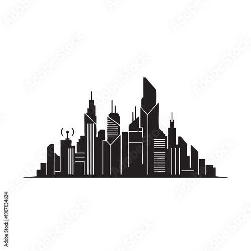 Contemporary city skyline silhouette, emphasizing sleek, geometric skyscrapers and modern urban design, suitable for corporate, business, and technology-related themes, minimalist vector graphic