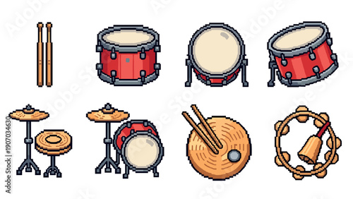 Pixel art percussion instruments set: drums, cymbals, tambourine, and more