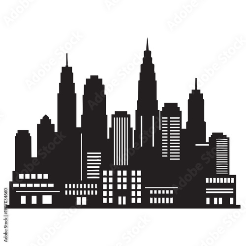 Retro city skyline silhouette illustration with geometric buildings, abstract shapes, and architectural details, ideal for vintage design, urban exploration, and nostalgic themes, vector graphic