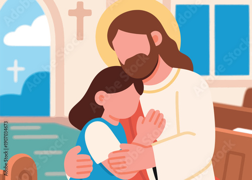The Warm Hug of the Lord Jesus to the Little Girl Illustrator Artwork Creative Design Template 