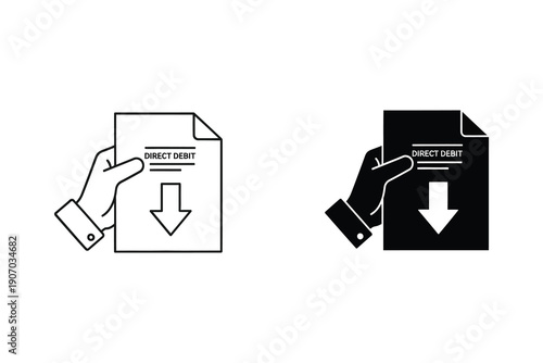 Hand holding document with direct debit icon in flat design vector illustration