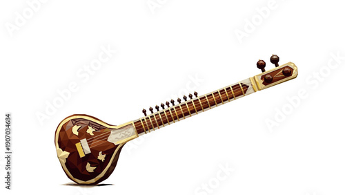 Low poly sitar model with geometric design on white background