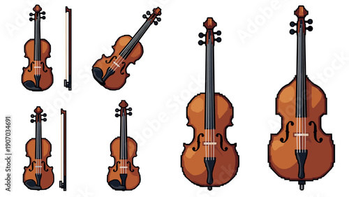 Pixel art violin set in various angles with bow and detailed strings