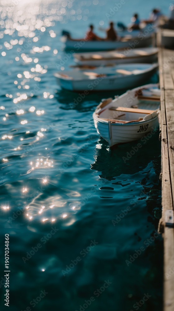 Fototapeta premium Gentle sunlight dances on calm, blue waters while small moored boats lined along the pier create a serene scene.