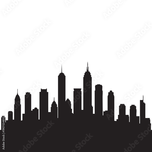 Broad cityscape silhouette composed of numerous skyscrapers and various buildings forming expansive urban horizon for business or city exploration themes