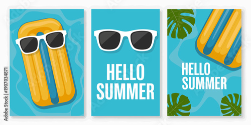 Summer vacation posters with inflatable ring sunglasses and hello summer text