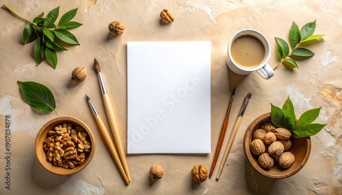Cozy Autumn Creative Workspace Flat Lay With Coffee Nuts And Art Supplies.