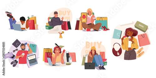 Diverse people characters shopping online making credit card payments and mobile banking set