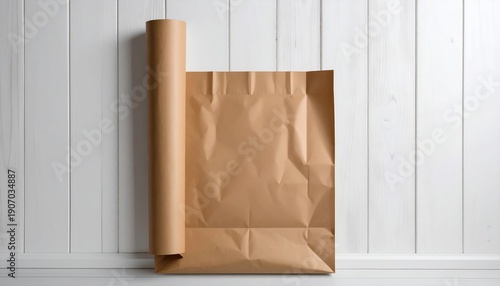 Brown kraft paper roll and unrolled sheet against a white wooden wall.
