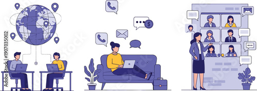 Global business communication set featuring remote workers, digital nomad on sofa, and video conference meeting with diverse team, flat vector illustration.