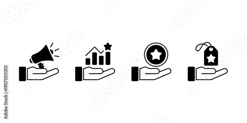 Line icons of hand holding megaphone chart star and tag on white background