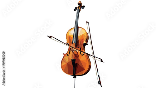 Geometric polygonal cello and bow on white background