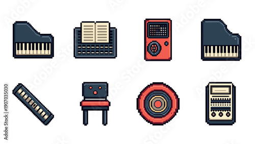 Retro 8-bit music icon set: piano, keyboards, synths, harmonicas, and more in pixel art style