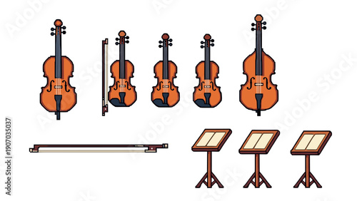 Pixel art string instruments set: violin, viola, cello, double bass, music stand