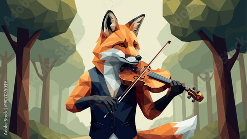 Geometric fox playing violin in forest setting with low poly art style