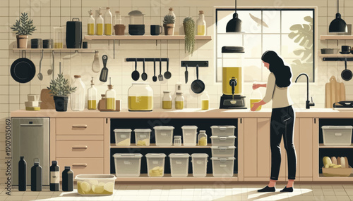 Woman Cooking in Modern Kitchen Interior.