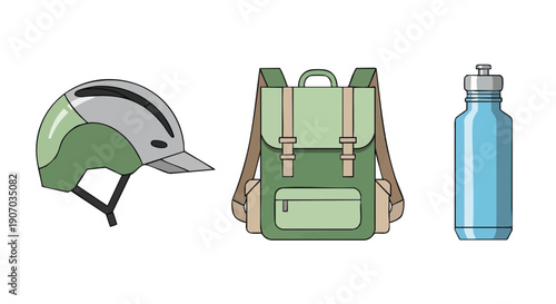 Cycling Helmet, Hiking Backpack, and Water Bottle Flat Icons. Outdoor Adventure Gear Set Vector Illustration.