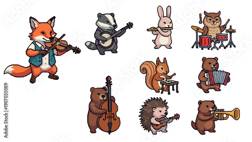 Pixel art woodland animals band playing musical instruments in concert
