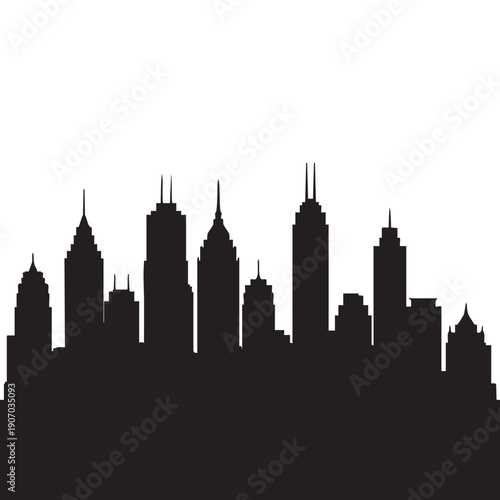 Horizontal city skyline vector silhouette illustration representing a sprawling urban panorama with diverse buildings and architectural styles, suitable for various design applications