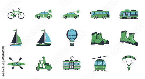 Eco Travel and Transportation Icon Set. Flat Design Vector Collection of Public Transit, Electric Vehicles, and Adventure Modes
