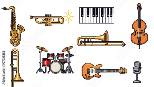 Pixel art musical instruments collection: saxophone, piano, guitar, drums
