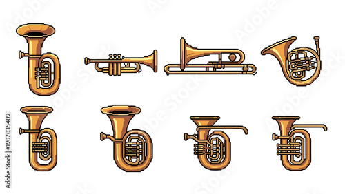 Set of brass musical instruments in retro pixel art style