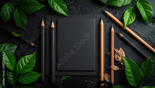 Creative workspace flat lay with black notebook pencils and green leaves.