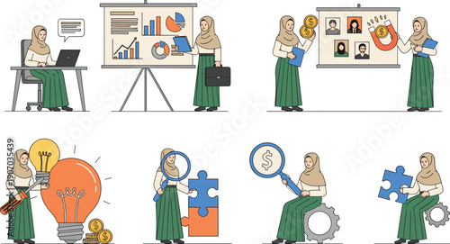 Muslim business woman in hijab working character set for marketing, data analysis, idea generation, financial strategy, puzzle solving and professional office tasks