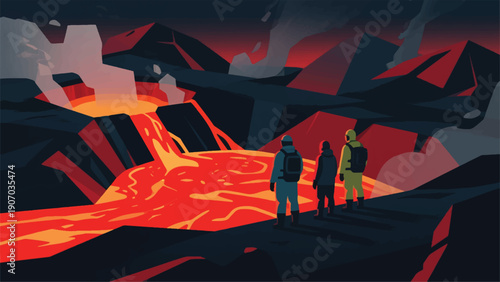 Illustration Of An Explorer Standing Near An Active Volcanic Crater Vector Design Template