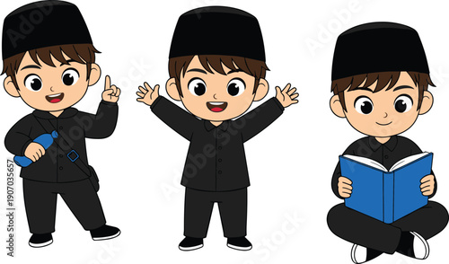 Muslim boy character set wearing black traditional outfit and songkok cap, young student reading book and waving hands for Islamic education concept