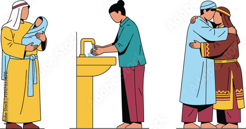 Muslim family lifestyle set with father holding newborn baby, person performing wudu at sink, and traditional couple embracing for Islamic culture concept