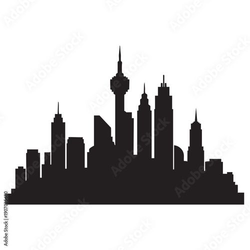 Black and white vector silhouette of a modern city skyline featuring tall skyscrapers and iconic architectural structures for urban design projects