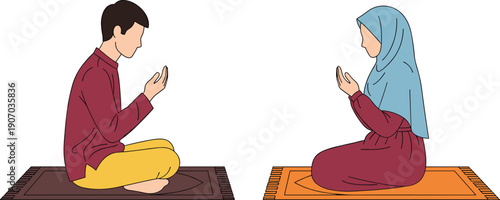 Muslim man and woman in hijab sitting on prayer rugs making dua, Islamic couple praying together in devotion for religious concept, faith