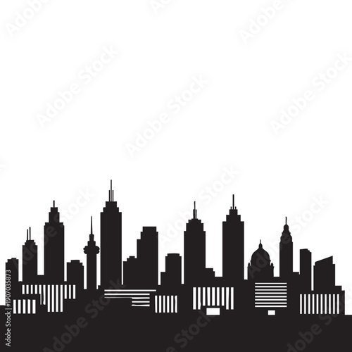 Dynamic city skyline silhouette with diverse architecture including a domed building and a prominent communication tower, featuring distinct horizontal lines